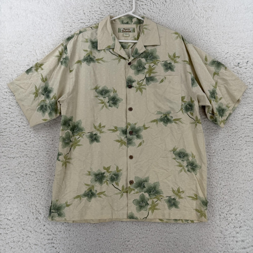 Tommy Bahama Shirt Mens Medium Beige Silk Floral Hawaiian Short Sleeve Button Up